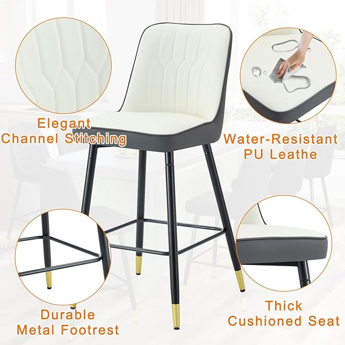 Bar Stools Set of 2,Counter Height Bar Stools with Back and Footrest,27" Barstools with Faux Leather Seat and Black Metal Legs,Counter Stools for Kitchen Island,Pub