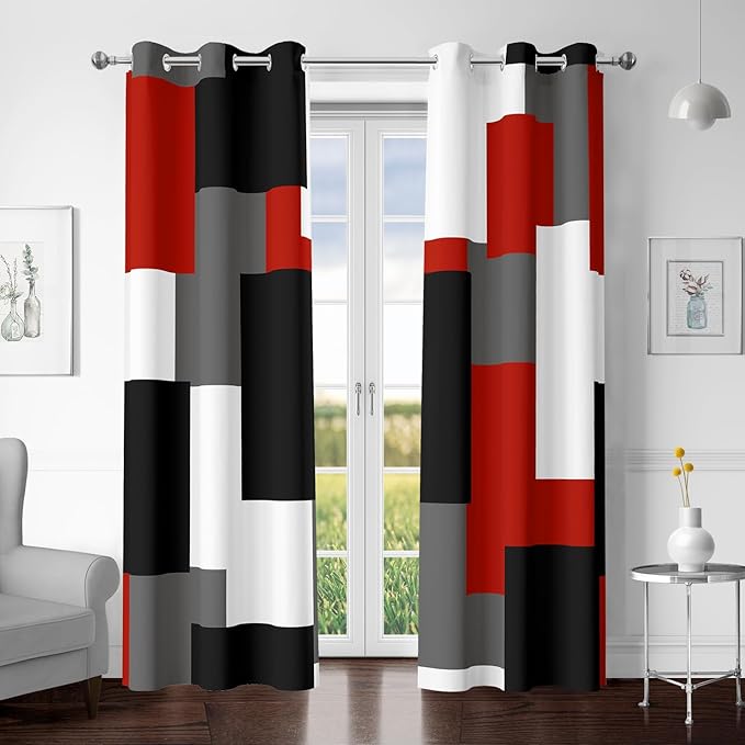 Red Black 100% Blackout Curtains for Bedroom 63 inch Length 2 Panels Set White Grey Modern Abstract Geometric Black Out Curtains Insulated Room Darkening Window Drapes for Living Room, 42Wx63L