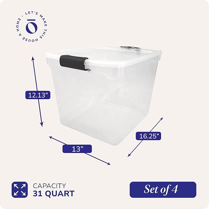 HOMZ 4-Pack 31 Quart Latching Lid, Clear Plastic Storage Organizer Bins, Gray – Stackable Containers for Home & Office Shelves, Kitchen, Garage, and Bathroom Organization