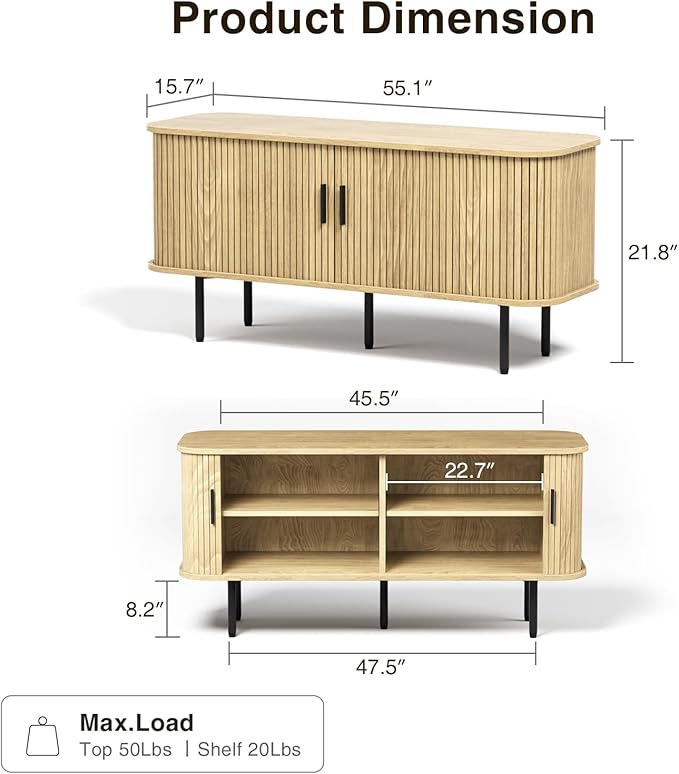 55''W Natural Storage Cabinet, Media Console, Tambour TV Stand, Television Stands with Curvy Edge; Sliding Door, Fluted Cabinet, Buffet Sideboard, Credenza, Table Stand for Living Room, Kitchen