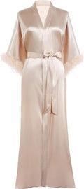 PRODESIGN Satin Kimono Robe Long Silky Bathrobe with Ostrich Feather Trim Sleepwear Wedding Bridesmaid Dressing Gown