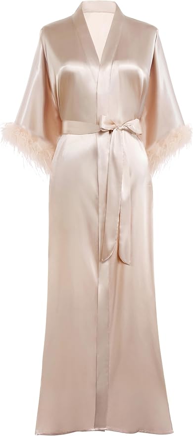 PRODESIGN Satin Kimono Robe Long Silky Bathrobe with Ostrich Feather Trim Sleepwear Wedding Bridesmaid Dressing Gown