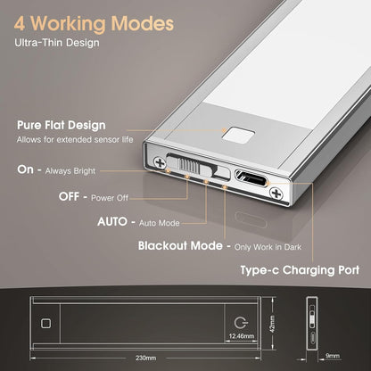 VST 72 LEDs Motion Sensor Lights Indoor 3 Color Temps, Dimmable Under Cabinet Lighting, 1800mAh Rechargeable Step Light, Cordless Night Light for Stair, Wardrobe, Kitchen 2 Pack