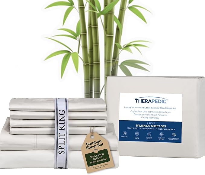Therapedic 1000TC Split King 7-Piece Sheet Set - 100% Organic Rayon Derived from Bamboo Blend with Cooling Fiber, Ideal for Hot Sleepers - 16" Deep Pocket Fitted Sheet, Bonus Pillowcases - Ivory