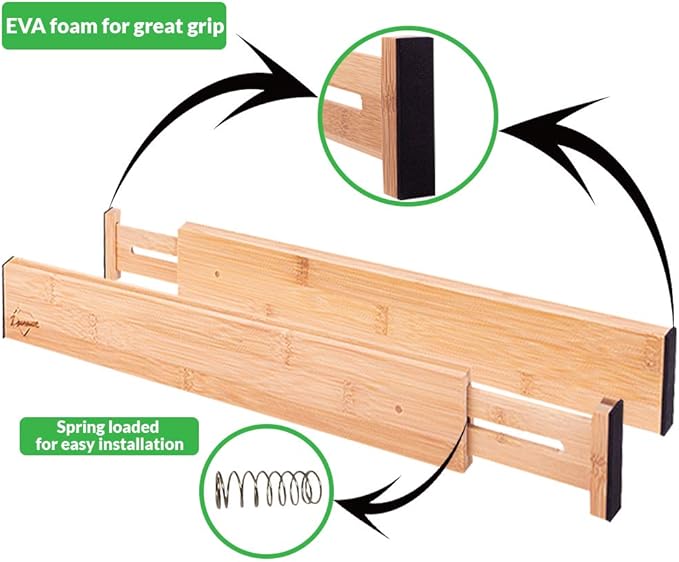 Adjustable Bamboo Drawer Dividers Organizers Expandable (12-16") Kitchen Drawer Organizer Spring Loaded for Kitchen, Dresser, Bathroom, Bedroom, Desk 6-pack Small