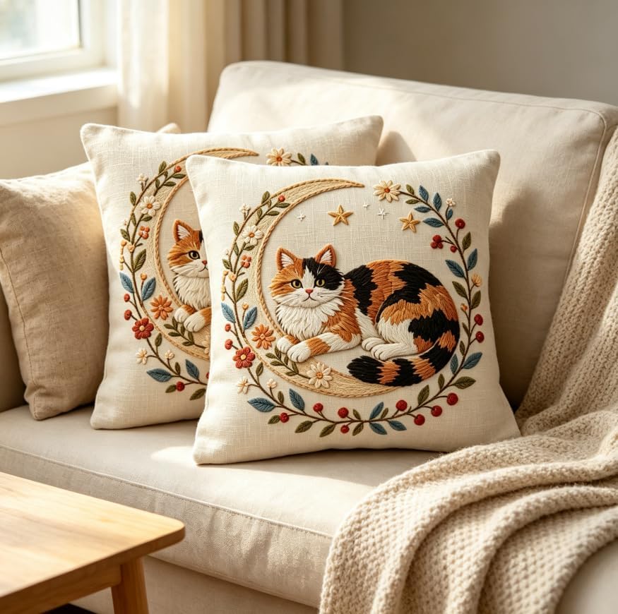18x18 Inch Calico Cat Linen Throw Pillow Covers Set of 2 - Image 3