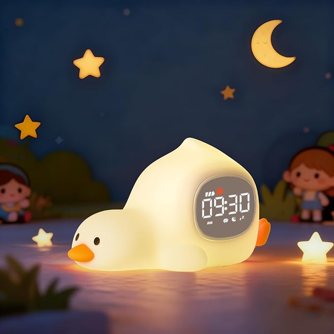 Laying Duck Alarm Clock with Night Light for Kids with Sleep Training and Sound Machine, Rechargeable Silicone Lamp OK to Wake Clock，Cute Animal Tabletop Lamp, Perfect Sleep Companion for Boys Girls