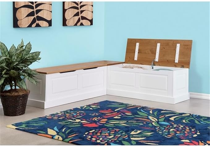 Riverbay Furniture 18" High Transitional Backless Wood Corner Kitchen Breakfast Nook Bench, with Hidden Storage, in White & Natural Finish