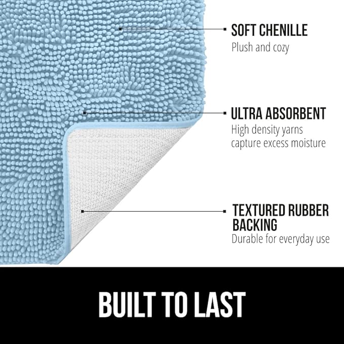 GORILLA GRIP Bathroom Rug Sets, Soft Chenille 2 Piece Area Rugs Set, Toilet Base Mat and 30x20 Carpet, Absorbent Microfiber Washable Mats Dry Quickly, Home Décor and Bath Room Accessories, Sky