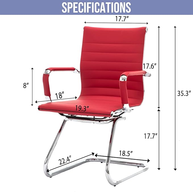 Wahson Office Guest Chairs Set of 4, Leather Reception Chairs, Mid Back Waiting Room Chair, Conference Chairs with Sled Base, Desk Chair No Wheels for Meeting/Lobby/Restroom, Dark Red