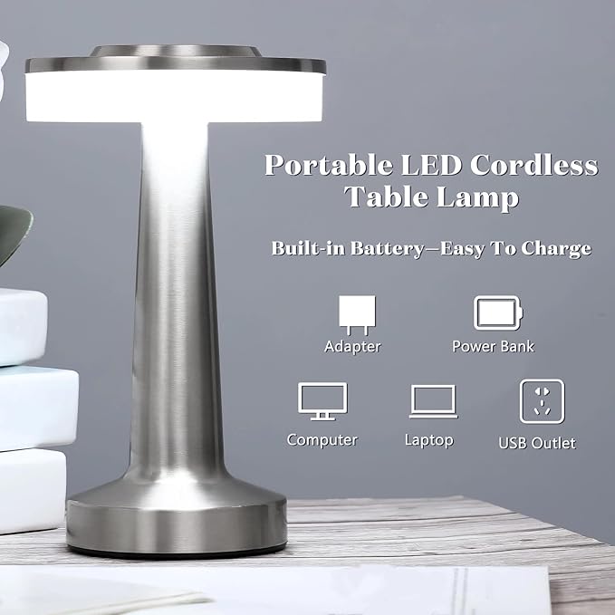 VIHOSE Cordless Table Lamps LED Portable Rechargeable Table Lamp with Touch Sensor 3 Color Dimming up to 15 Hours Battery Desk Light for Restaurant Nursery Living Room(Silver,8 Pcs)