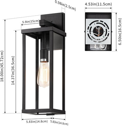 mirrea 18" Classic Outdoor Wall Sconce 1 Light in Matte Black Rectangular Metal Frame and Clear Glass Shade Waterproof Porch Light Patio Light Pack of 2