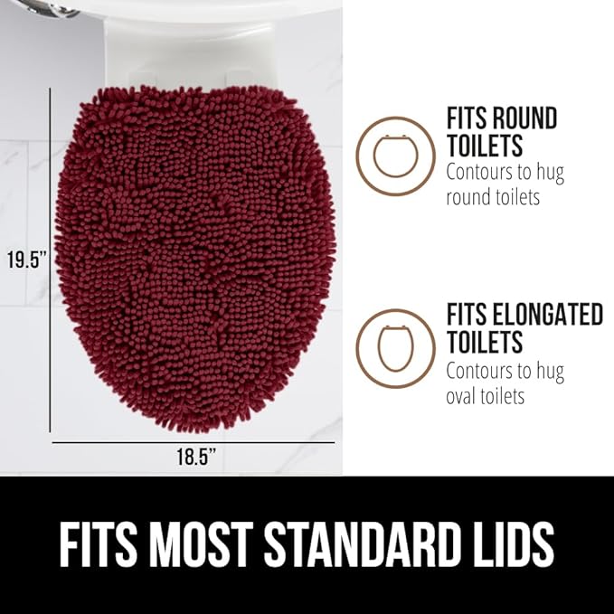 GORILLA GRIP Soft Chenille Bathroom Toilet Lid Cover, Machine Washable Seat Covers, 19.5x18.5, Stays in Place Rubber Backing, Fits Most Round, Elongated and Oblong Lids, Accessories Decor, Burgundy