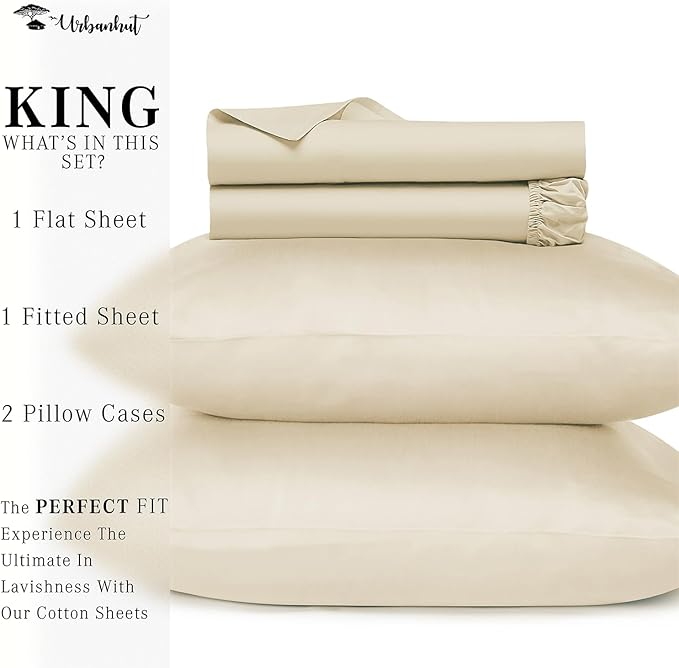 URBANHUT 800 Thread Count 100% Cotton King Size Sheets, Luxury 4 Piece King Bedsheets, Hotel Sheets Sateen Finish - Better Than Egyptian, 16" Elasticized Deep Pocket - Ivory
