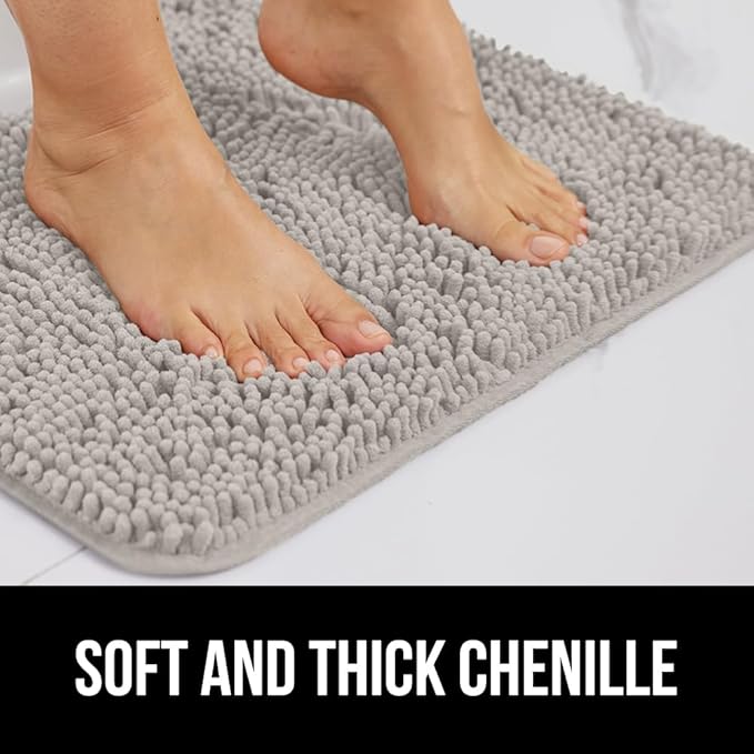 GORILLA GRIP Plush Absorbent Shaggy Chenille Bath Rug Mat for Square Toilet Base with Rubber Backing, Machine Washable Rugs, Soft Microfiber Contour Mats for Toilets, Bathroom Decor, Lt Gray