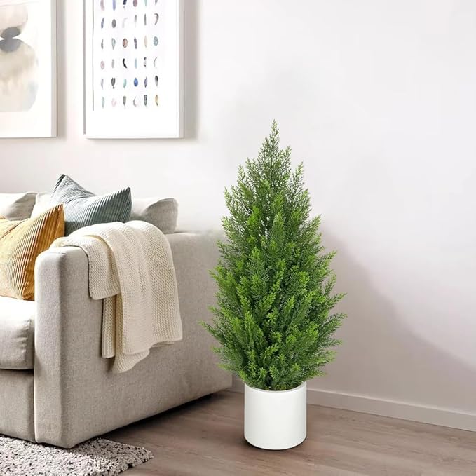 Briful 2PCS 3ft Artificial Cedar Topiary Trees in White Planter – Compact Faux Evergreen Potted Plants with Dense Realistic Layered Leaves, Lifelike Fake Trees for Home, Office, Patio, Porch