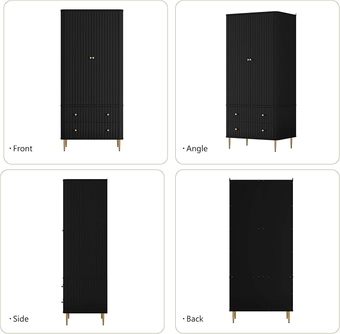 HLR 72" Modern Armoire Wardrobe Closet with Doors and Drawers, Bedroom Armoire Cabinet with Hanging Rod, Wooden Clothing Storage Cabinet Set of 2,Black