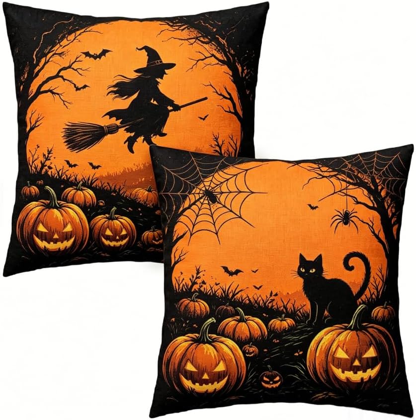 Halloween Throw Pillow Covers, Witch and Black Cat Design, 18x18 Inch, by Unknown