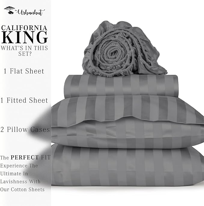 URBANHUT 800 Thread Count 100% Cotton Damask California King Size Sheets Set, 4 Piece Striped Cal King Size Bedsheets, Luxury Hotel Sheets Sateen Weave, 16" Elasticized Deep Pocket- Dark Grey