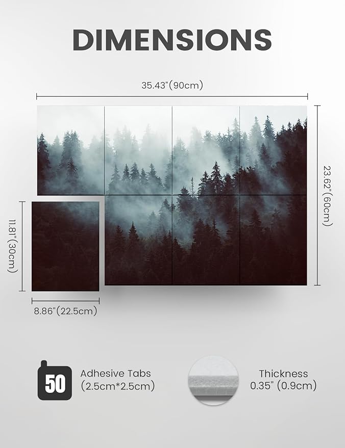 Wall Art Acoustic Panels,35''X24''Soundproof Wall Panels-8-Pack with 50 Adhesive Tabs, Panels for Living Room and Recording Studio, Offices-Foggy Nature Forest