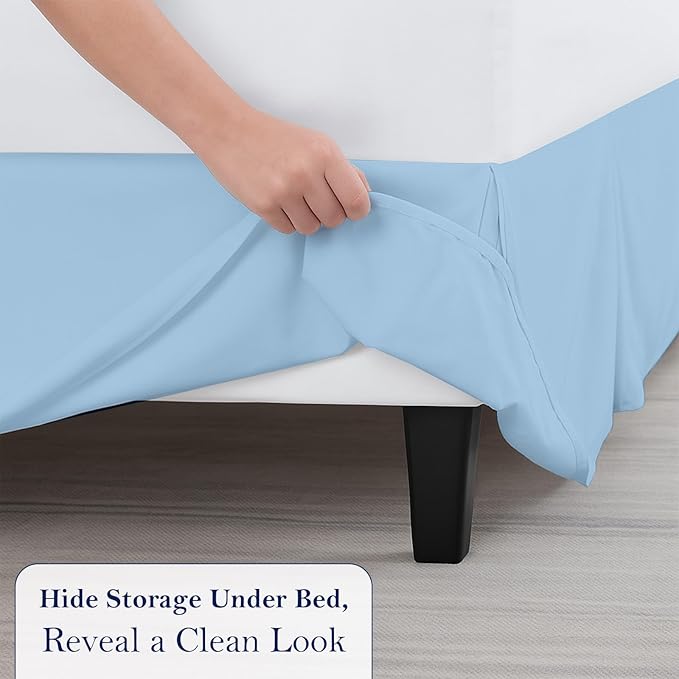 Full Bed Skirt, Luxury 24 Inch Drop Light Blue Pleated Bed Skirt, Double Brushed Microfiber, Box Pleat Design, Wrinkle & Fade Resistant, Easy Fit Tailored Bedskirt for Full Size Beds