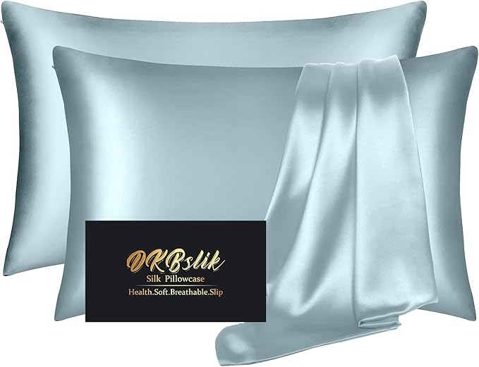 DKBslik Silk Pillowcase 2 Pack,Natural Mulberry Silk Pillow Case,Anti Acne Silk Pillowcase for Hair and Skin, King Size Silk Satin Pillowcase Set of 2 with Hidden Zipper,Gifts for Women Men,Aqua Blue