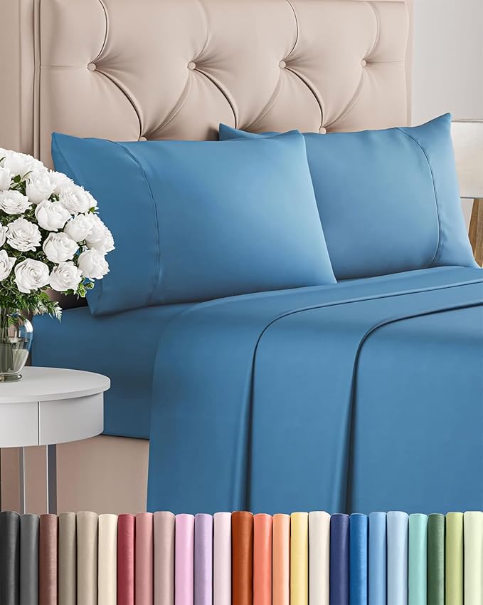 Twin XL 4 Piece Sheet Set - Cooling, Comfy & Breathable - Hotel Luxury Bedding, Includes Fitted Sheet for Women, Men, Kids & Teens - 1 Flat, 1 Fitted Sheet, 2 Pillowcases w/Deep Pockets - Denim Blue