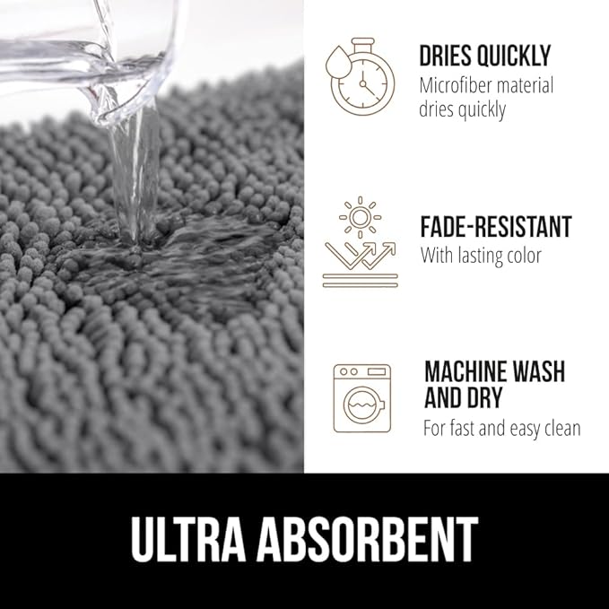 GORILLA GRIP Bathroom Rug Sets 3 Piece, Bath Mat Set and Oval Toilet Base with Rubber Backing, Plush Absorbent Shaggy Chenille Washable Mats, Includes 24x19.5, 24x17 and 30x20 Inch Rugs, Grey