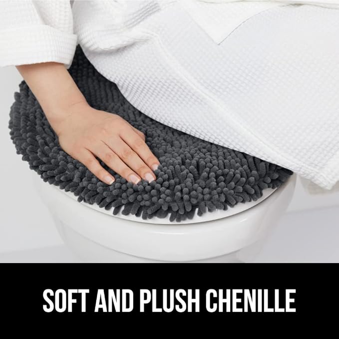 GORILLA GRIP Soft Chenille Bathroom Toilet Lid Cover, Machine Washable Seat Covers, 19.5x18.5, Stays in Place Rubber Backing, Fits Most Round, Elongated and Oblong Lids, Accessories Decor, Charcoal
