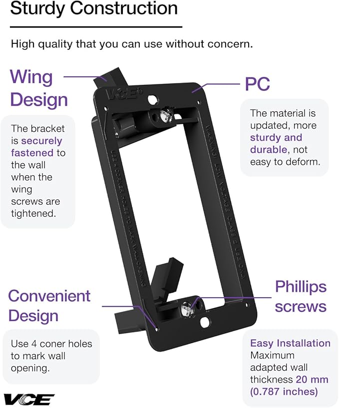 VCE 25-Pack Low Voltage Box for Single Gang Wall Plate, Black Low Voltage Mounting Bracket with Alignment Holes for Easy Drilling Fits Network, HDMI, Coaxial, Speaker, Telephone Cables