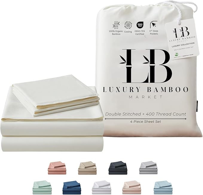 Split King Size Sheet Set | 2 Fitted Sheets for Sleep Number & Adjustable Beds | Organically Grown | Ultra Soft & Cooling |100% Viscose | 17" Deep Pocket [Ivory]
