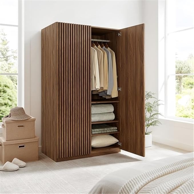 Pemberly Row Contemporary Wood Wardrobe Closet in Walnut Finish