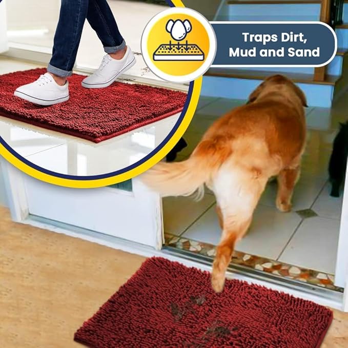 Muddy Mat® | Super Absorbent Door Mat Indoor, Microfiber Quick Dry Chenille Entryway Rug, Non-Slip Front Door Mat, Indoor Mats for Entryway, Machine Washable Pet Rug, Red 36" x 120"