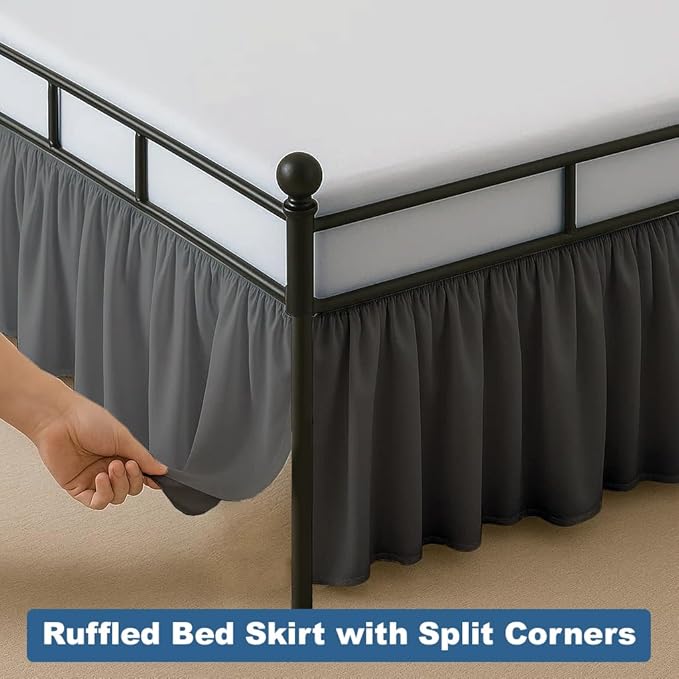 Ruffled Bed Skirt Split Corners with Platform, Tailored Fit Hotel Quality Wrinkle Free Ultra-Soft Microfiber Dust Ruffle, Upto 24 Inch Drop, King, Dark Grey
