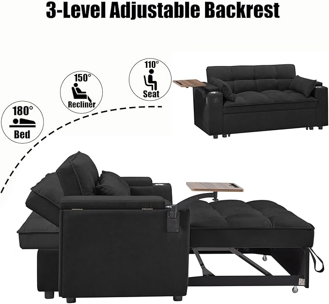 65'' Convertible Sleeper Sofa Bed with Adjustable Backrest, Chaise Lounge, Side Table & USB/Type-C Ports – Stylish & Functional Addition to Any Living Room (Black)