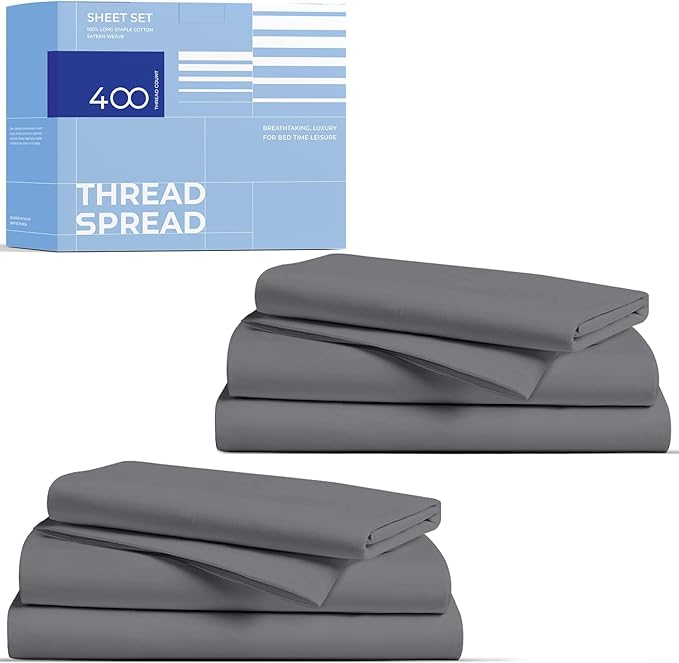 THREAD SPREAD 2-Pack Twin Cotton Sheets Sets - 400 Thread Count 100% Cotton Sateen Weave - Extra Soft, Breathable, Hotel Quality Cooling Sheets, 2 Sets of Twin Size Deep Pocket Bed Sheets (Dark Grey)