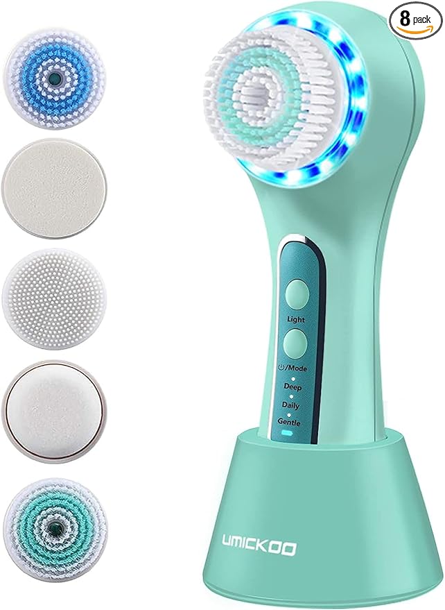Face Scrubber Exfoliator,Facial Cleansing Brush Rechargeable IPX7 Waterproof with 5 Brush Heads,Electric Face Spin Brush for Exfoliating, Massaging and Deep Cleansing (Mint-Green)
