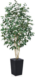 6ft Artificial Ficus Tree,Tall Faux Tree with Silk Leaves & Real Wood Trunk,UV Resistant Potted Fake Plant with Pebbles & Planter-Indoor Outdoor Floor Plant for Home Living Room,VN129