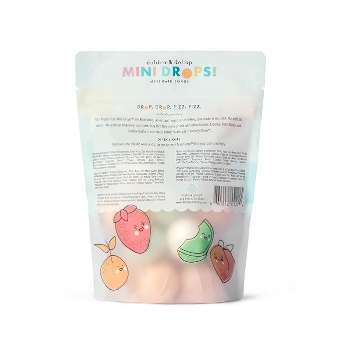 Dabble & Dollop Mini Bath Bombs, 100% Natural Droplets for Kids, Fresh Fruit Scents - Resealable Pouches, Fizzy, Moisturizing & Fun, Vegan, Gluten-Free, Cruelty-Free (Set of 24)