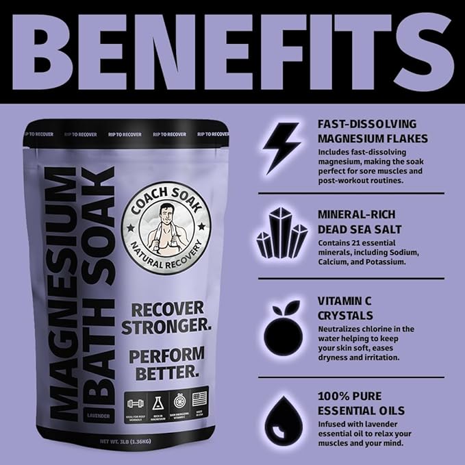 Coach Soak Lavender Flakes Bath Soak and Magnesium Oil Spray with MSM - Fast-Absorbing Recovery Bath Salts with Dead Sea Minerals and Essential Oil and 8oz Magnesium Chloride Topical Spray