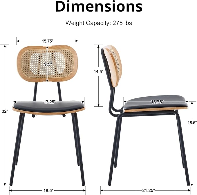 HEAH-YO Modern Dining Chairs Set of 2, Upholstered Faux Leather Rattan Dining Chairs with Backrests, Armless Dining Room Chairs for Kitchen, Black