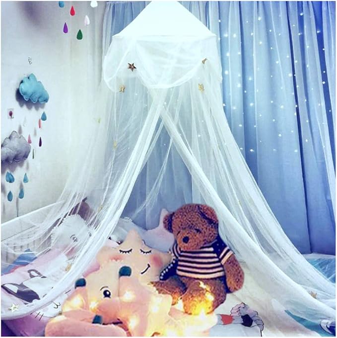 Mosquito Net Bed Canopy Netting Curtains Princess Stars Indoor Outdoor Dome Play Reading Nook Tent for Girls Boys Kids Single Twin Full Queen Size Bed, White