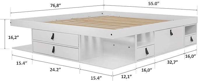 memomad Bali Set: Storage Platform Bed with Drawers + Bookcase Headboard (Full Size, White Wood)