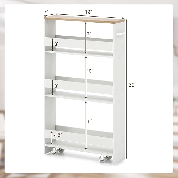 Giantex Slim Storage Cart 4 Tier, Rolling Side Cabinet w/Handle, Space Saving, Kitchen Utility Cart Tower Rack for Laundry Narrow Places (White & Brown)