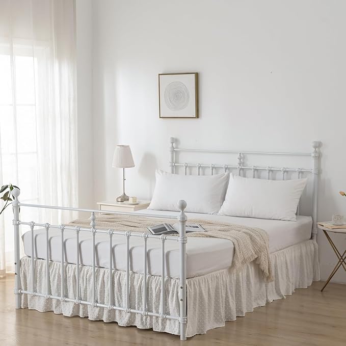 Tufted Dot Bed Skirt Twin Size Ruffled Bed Skirt with Split Corners, 16 Inch Drop Dust Ruffle Bed Skirts with Platform, Ivory