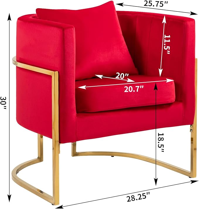 Velvet Modern Accent Chair, Upholstered Barrel Armchair Mid Century with Pillow for Living Room, Comfy Single Vanity Chair with Metal Gold Legs for Bedroom, Rose Red