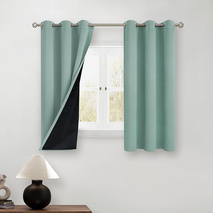 BGment Short 100% Blackout Curtains for Bedroom, Thermal Insulated Lined Energy Efficiency Noise Reducing Grommet Curtains 45 Inch Length for Small Window 2 Panels Each 42 Inch Wide, Frosty Green