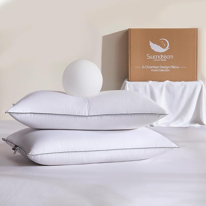 Goose Feather Down Fiber King Pillows 2 Pack, Luxury 3-Chamber Pillows with Soft & Down-Proof Cover, Fluffy Plush Hotel Collection Bed Pillows for Side, Back & Stomach Sleepers, 20"x36"