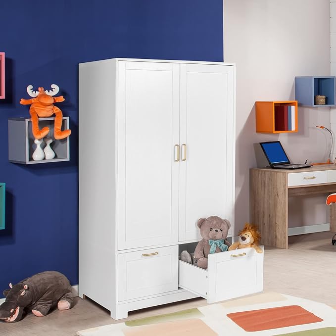 VINGLI Armoire Wardrobe Closet with Doors and Drawers, Wardrobe Cabinet, Armoire with Drawers, White Closet, 35" W x 20" D x 60" H