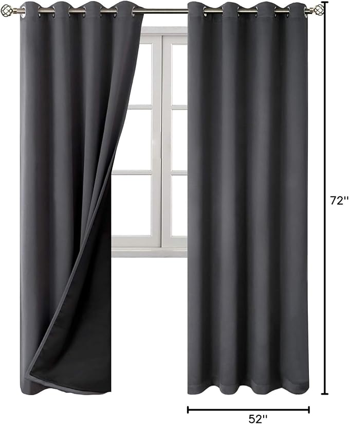 BGment Thermal Insulated 100% Blackout Curtains for Bedroom with Black Liner, Double Layer Full Room Darkening Noise Reducing Grommet Curtain (52 x 72 Inch, Dark Grey, 2 Panels)